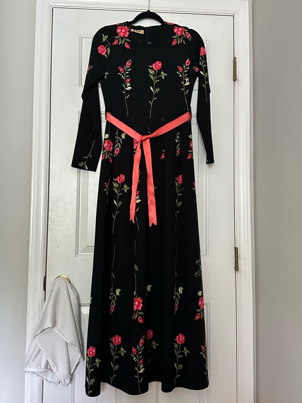 Black Floral Long-Sleeve Maxi Dress with Pink Belt